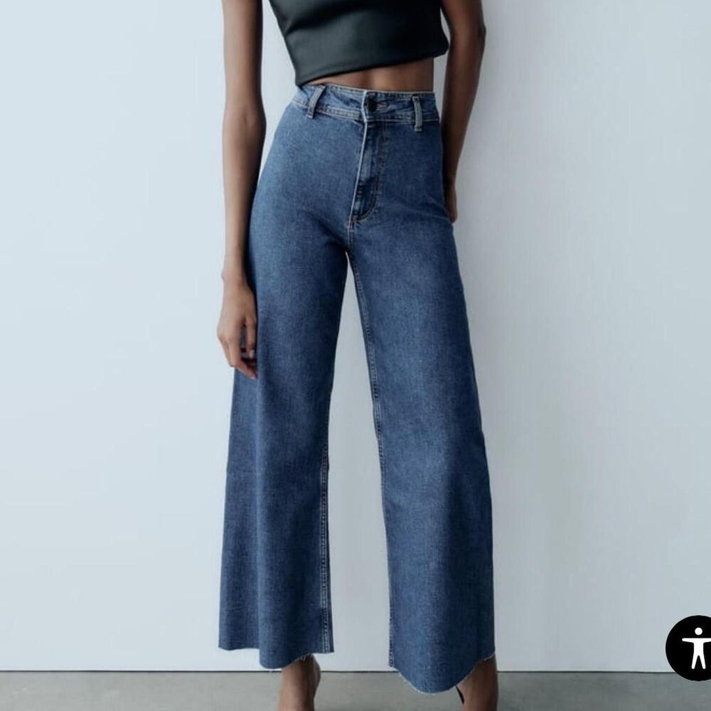 ZARA The Marine Blue Wash High Rise Wide-Leg Denim Jeans Size 8